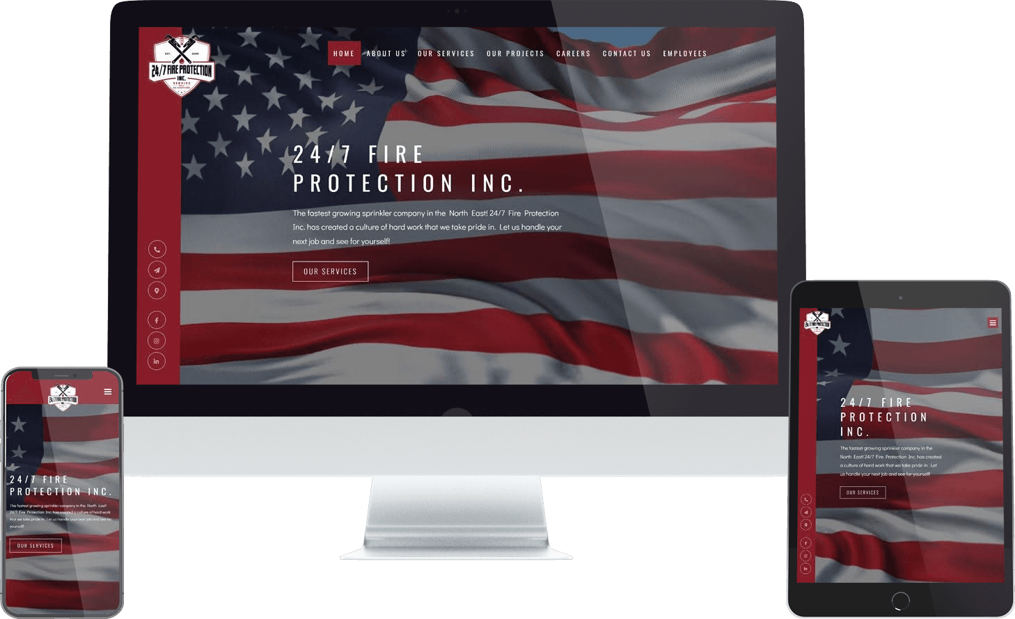 247 Fire Protection website as delivered, shown on desktop, tablet and mobile.