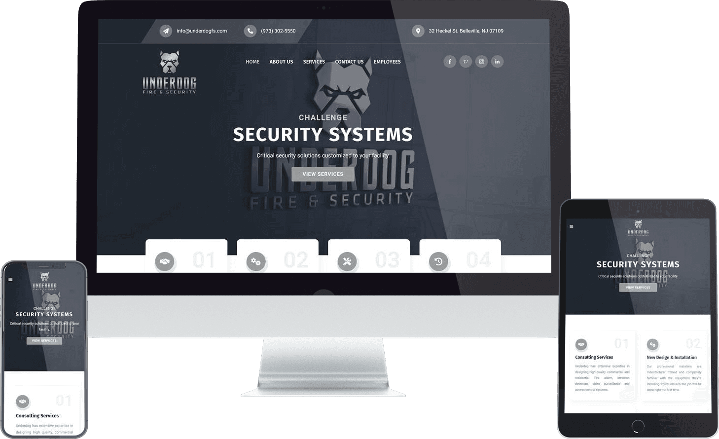 Underdog Fire & Security website as delivered, shown on desktop, tablet and mobile.