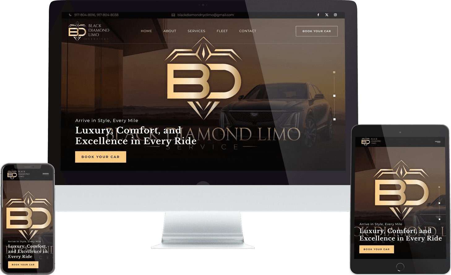 Black Diamond Limo Service website as delivered, shown on desktop, tablet and mobile.